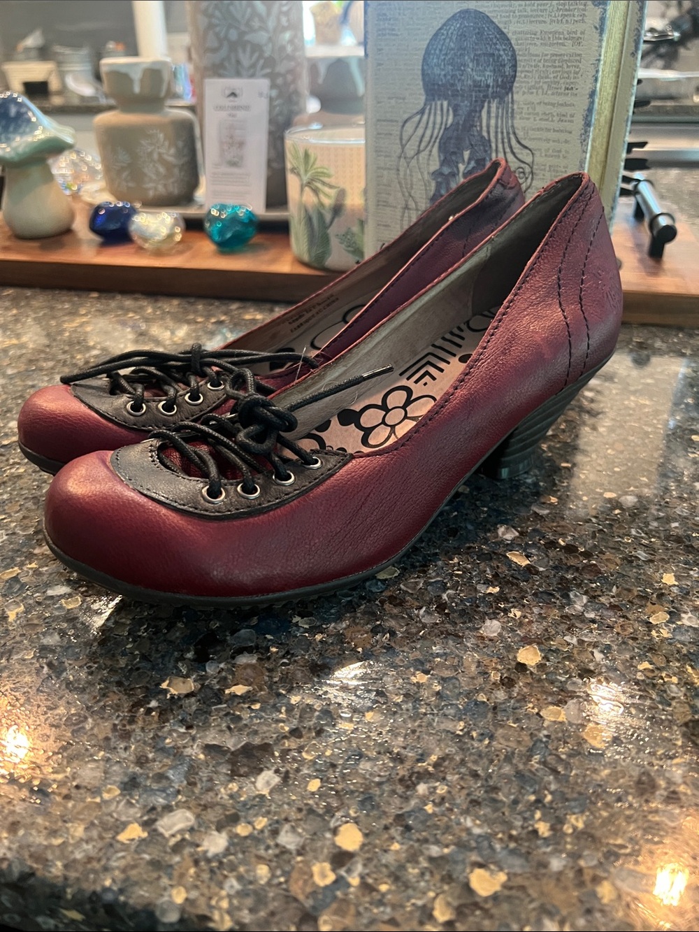 Fly London Burgundy and Black Lace-Up Low Pumps